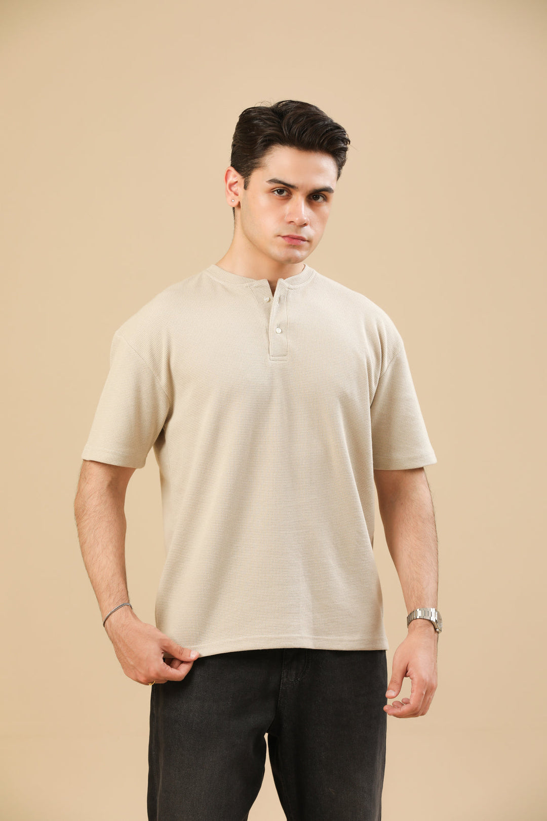 Muraqsh Ready To Wear Solids Waffle Men Beige White Oversized Henley ABD-BWWOH - Summer Collection