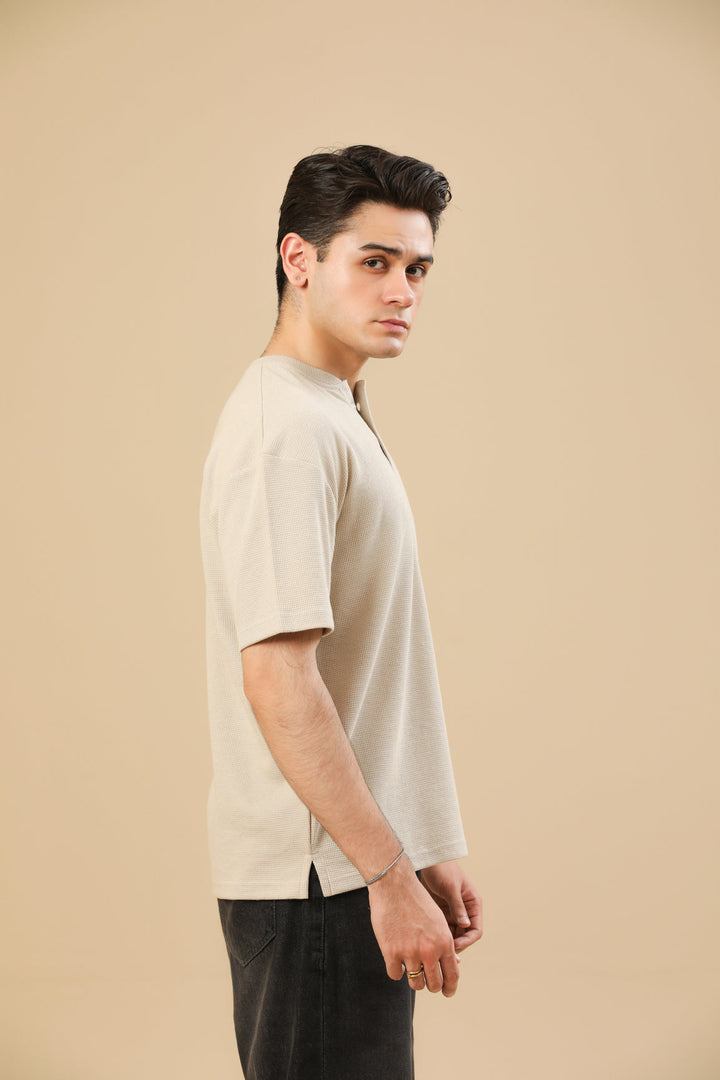 Muraqsh Ready To Wear Solids Waffle Men Beige White Oversized Henley ABD-BWWOH - Summer Collection