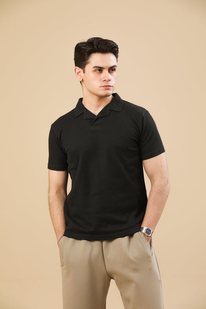 Muraqsh Ready To Wear Solids Cotton Men Black Drop Needle Revere Polo ABD-BDNRP - Summer Collection