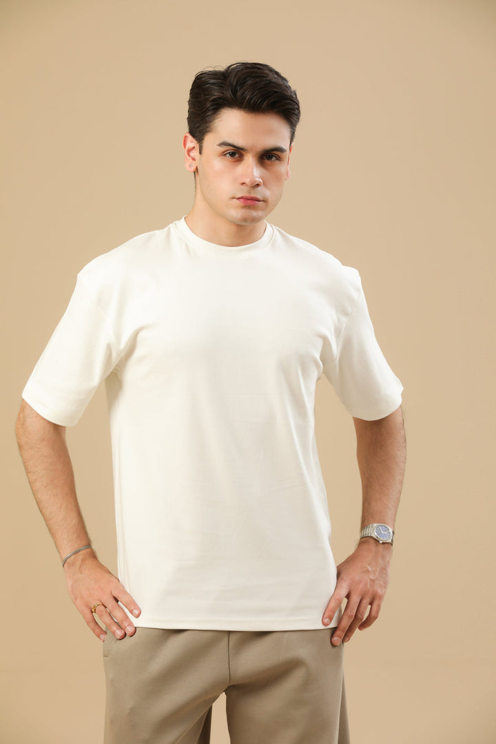 Muraqsh Ready To Wear Solids Cotton Men Off White Interlock Oversized Tee ABD-OWIOT - Summer Collection