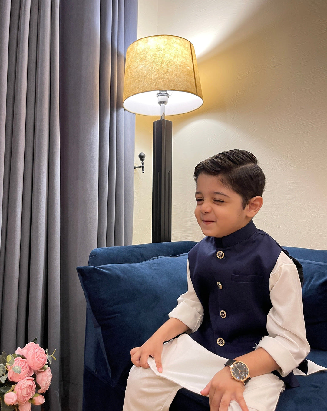 Muraqsh Ready To Wear Solids Cotton Boys Off White Kurta Trouser with Navy Blue Suiting Waistcoat MURP - Summer Collection