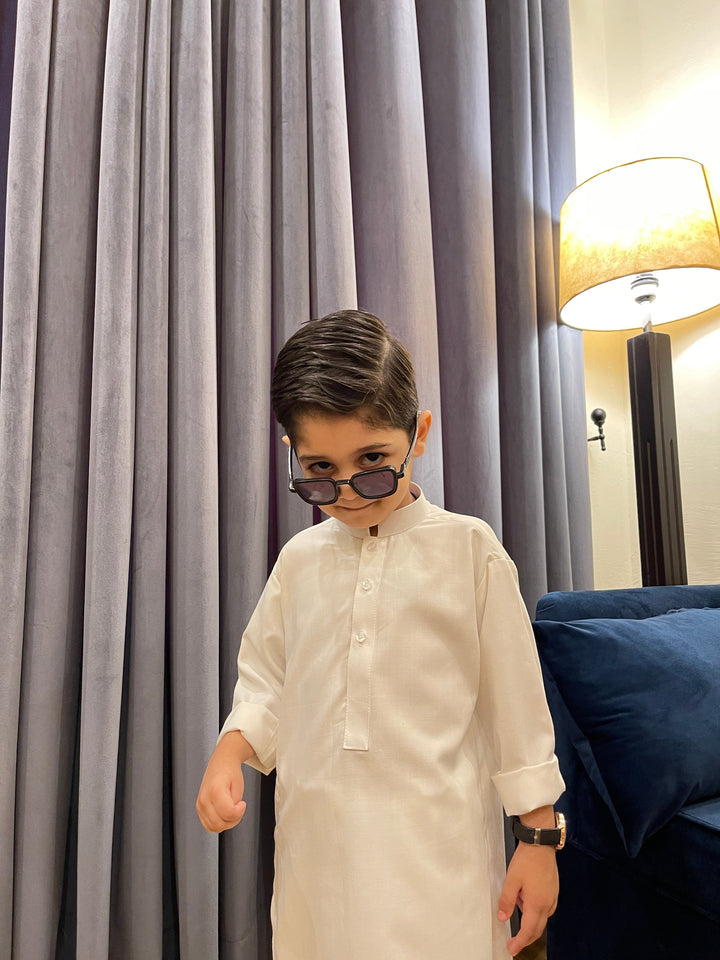 Muraqsh Ready To Wear Solids Cotton Boys Off White Blended Kurta Trouser MUR-OWK - Summer Collection