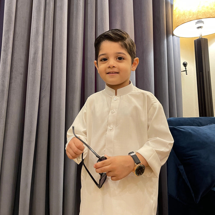 Muraqsh Ready To Wear Solids Cotton Boys Off White Blended Kurta Trouser MUR-OWK - Summer Collection