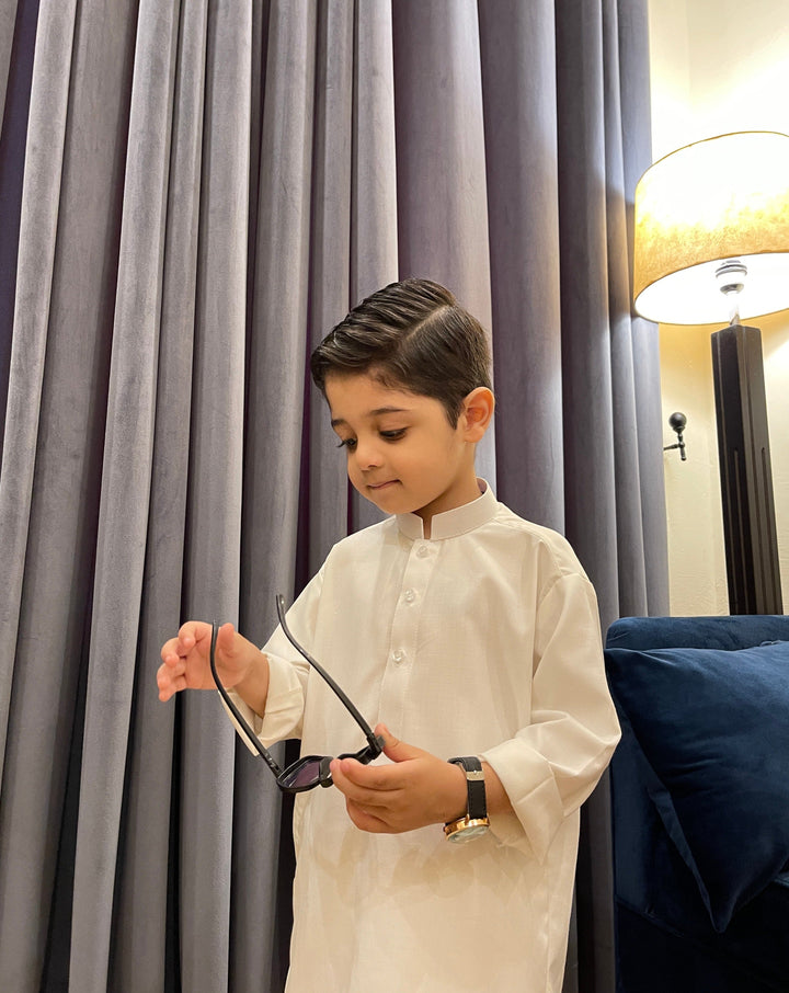 Muraqsh Ready To Wear Solids Cotton Boys Off White Blended Kurta Trouser MUR-OWK - Summer Collection