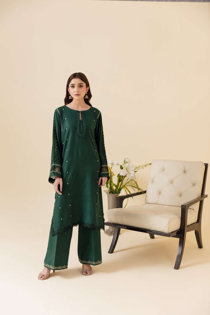 Manara by Maria Pret Wardrobe Embroidered 2 Piece Green Peach Wool Vyne - Winter Collection