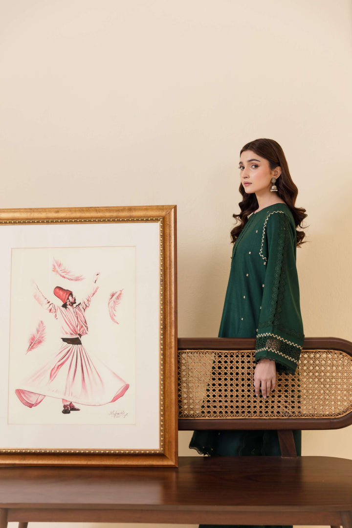 Manara by Maria Pret Wardrobe Embroidered 2 Piece Green Peach Wool Vyne - Winter Collection