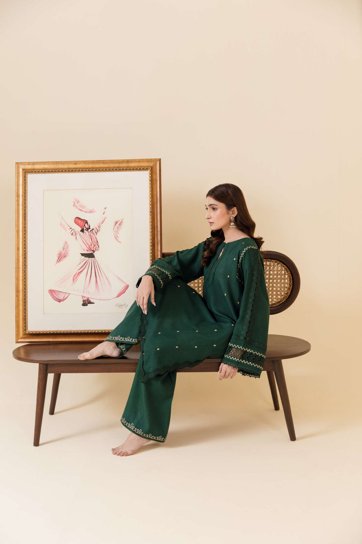 Manara by Maria Pret Wardrobe Embroidered 2 Piece Green Peach Wool Vyne - Winter Collection
