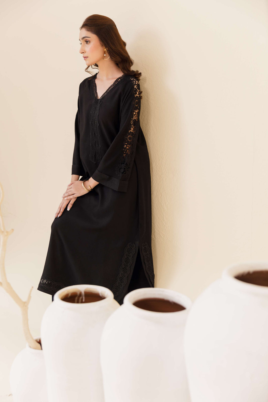 Manara by Maria Pret Wardrobe Embroidered 2 Piece Black Peach Wool Ebony - Winter Collection