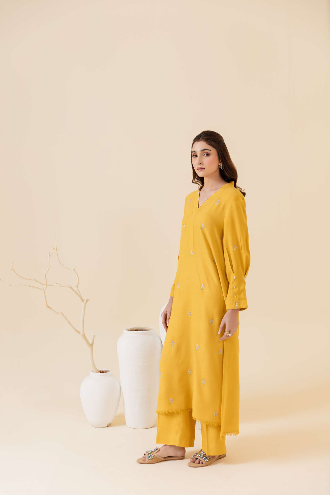 Manara by Maria Pret Wardrobe Embroidered 2 Piece Mustard Peach Wool Cafira - Winter Collection