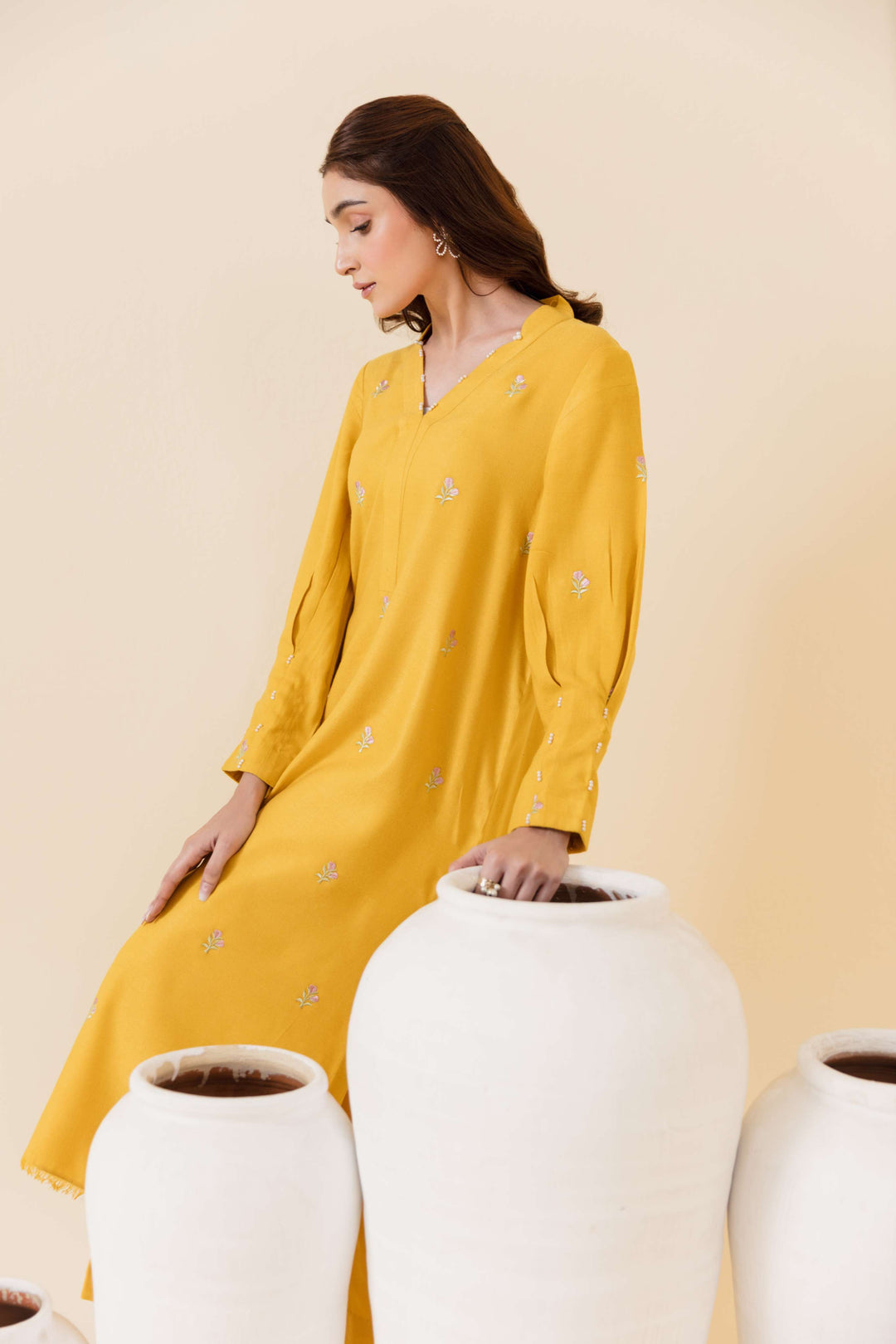 Manara by Maria Pret Wardrobe Embroidered 2 Piece Mustard Peach Wool Cafira - Winter Collection