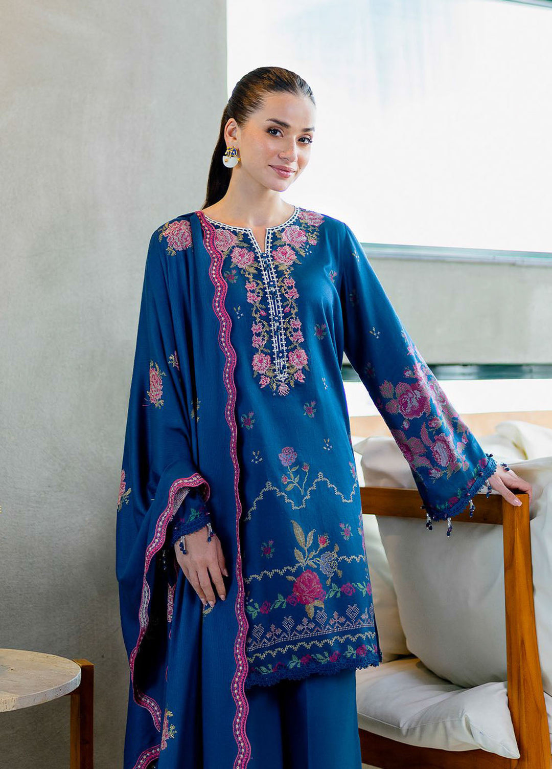 Cross Stitch Embroidered Cotton Satin Suits Unstitched 3 Piece CS25SU Ink Bloom - Winter Collection