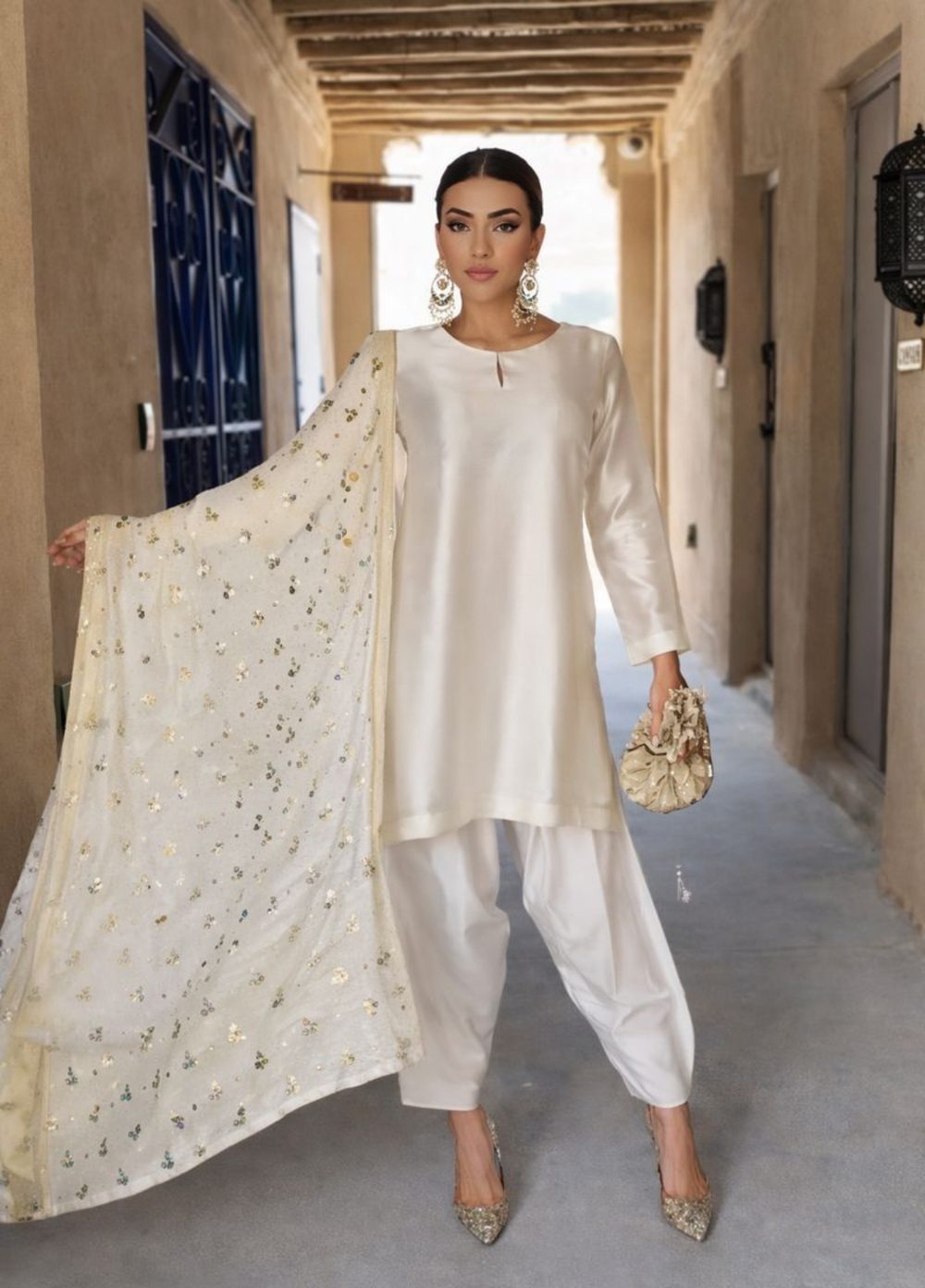 The Opulence by Girl Store RTW Solids Katan Silk 3 Piece Suit Ivory Swan - Eid Collection