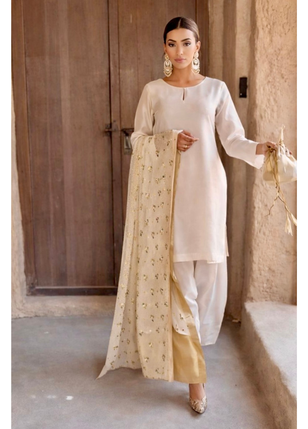 The Opulence by Girl Store RTW Solids Katan Silk 3 Piece Suit Ivory Swan - Eid Collection