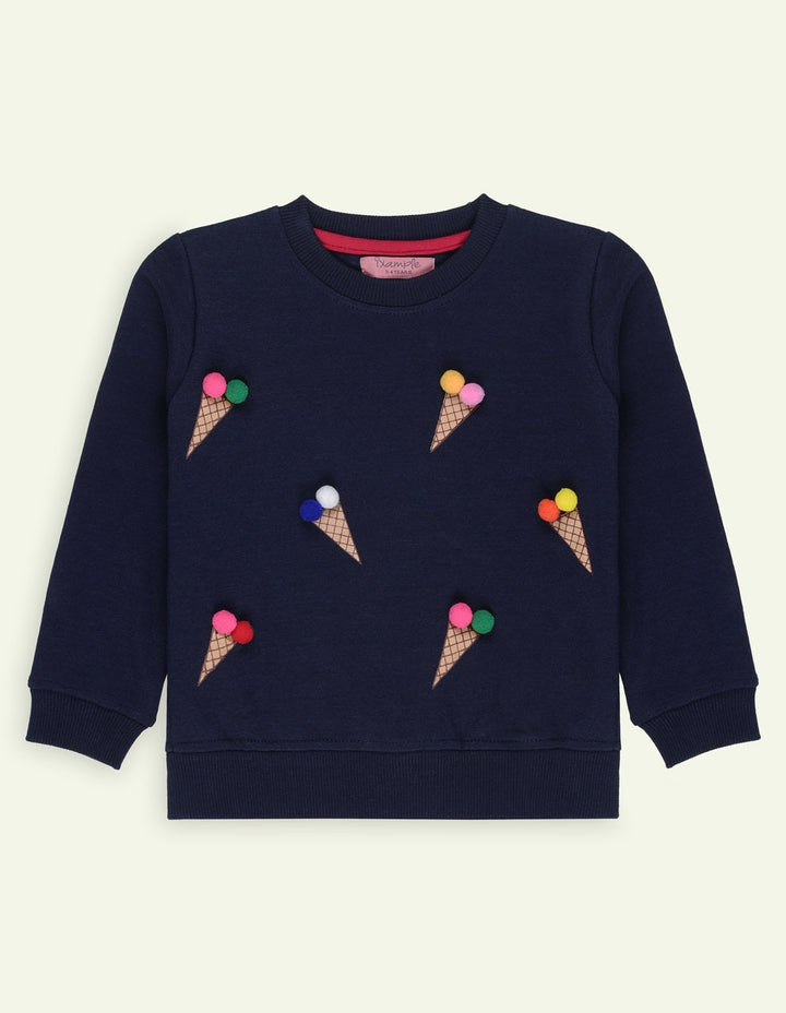 Ixample Kids Pret 1 Piece Hand work Navy Waffle Sweatshirt With Pom Pom - Winter Collection