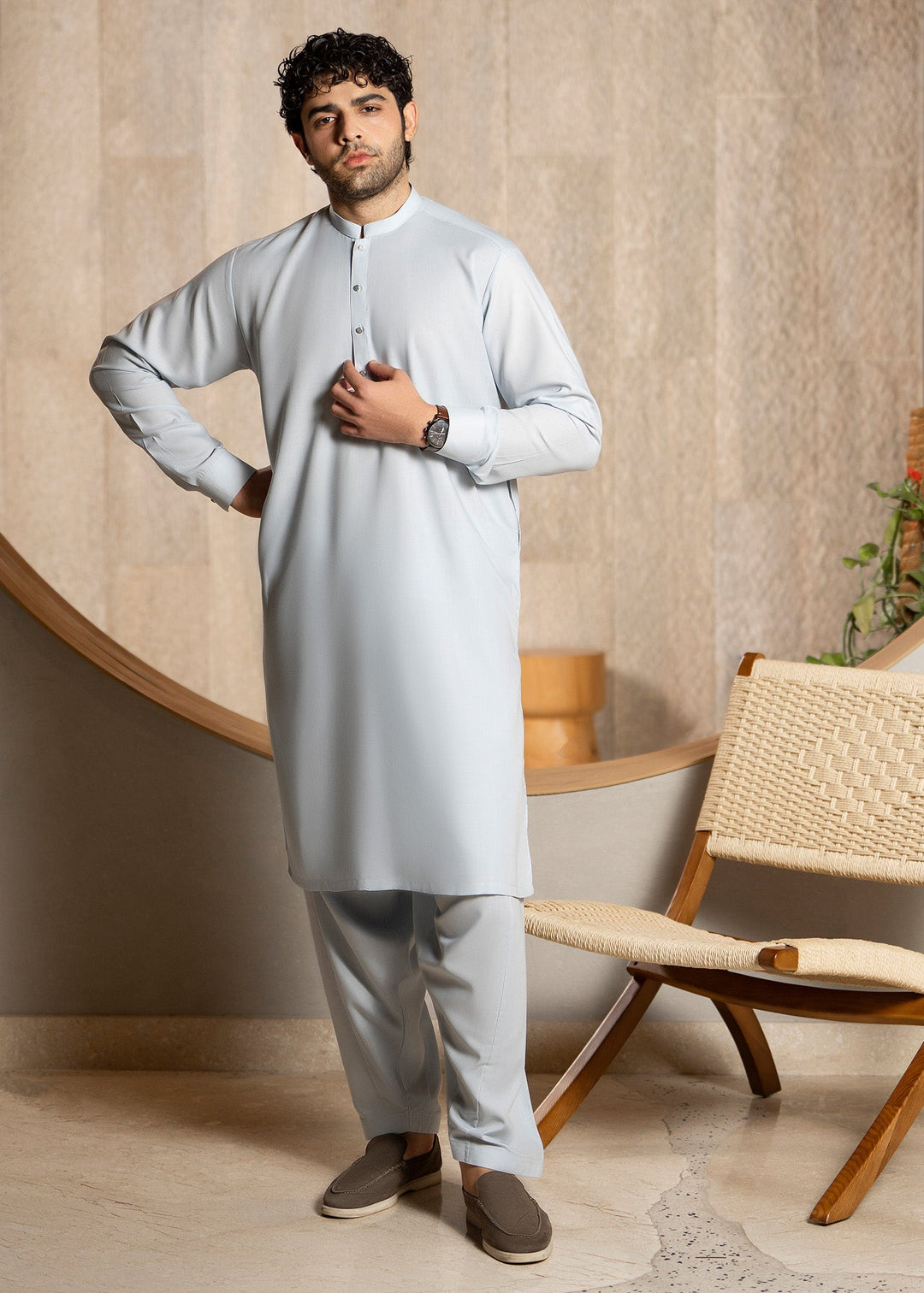 Buraq Men RTW Solids Wash N Wear Kurta Shalwar Suit Ice Blue Ban Casual Collection