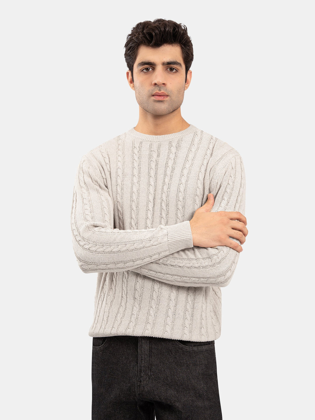 Brumano Mens RTW Solids Cotton 1 Piece Suit Ivory Cable Crew Neck Winter Collection