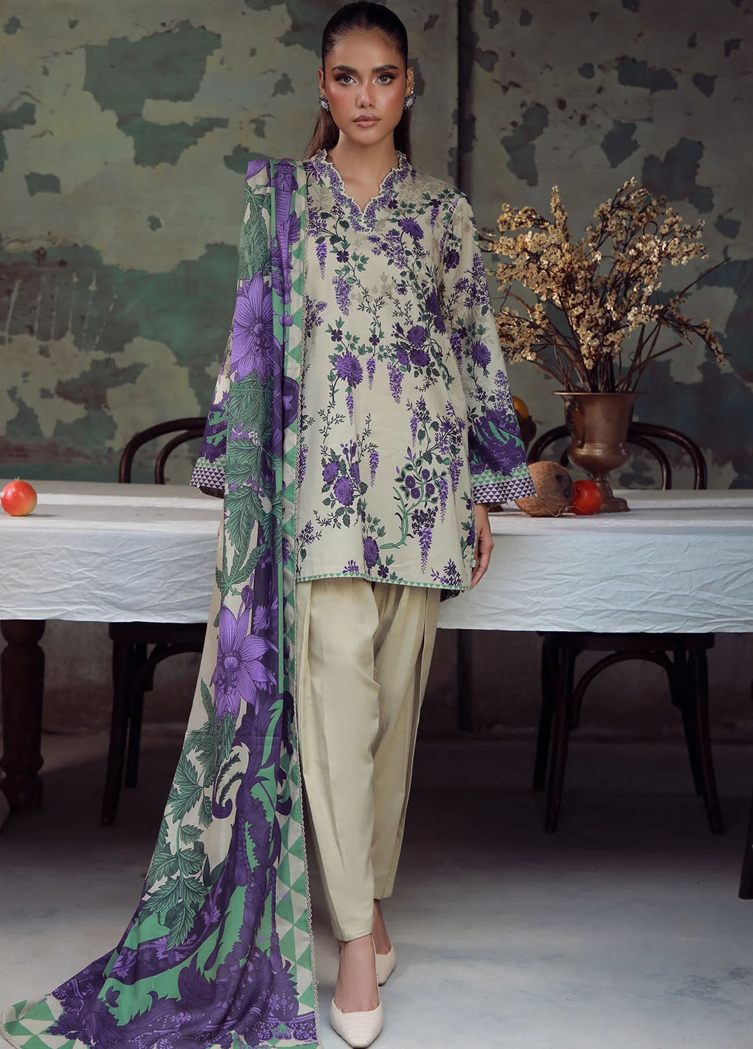 Elara by Sahar Unstitched Printed 3 Piece Cambric SHR25EP Ivory Wisteria - Casual Collection