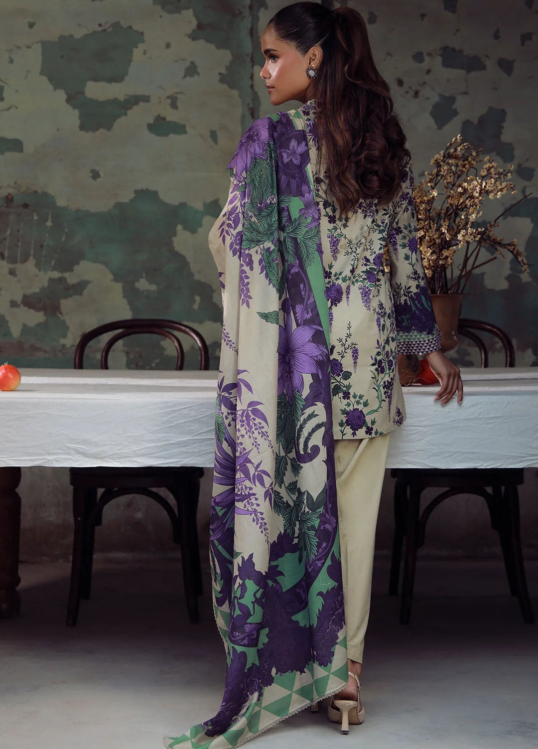 Elara by Sahar Unstitched Printed 3 Piece Cambric SHR25EP Ivory Wisteria - Casual Collection