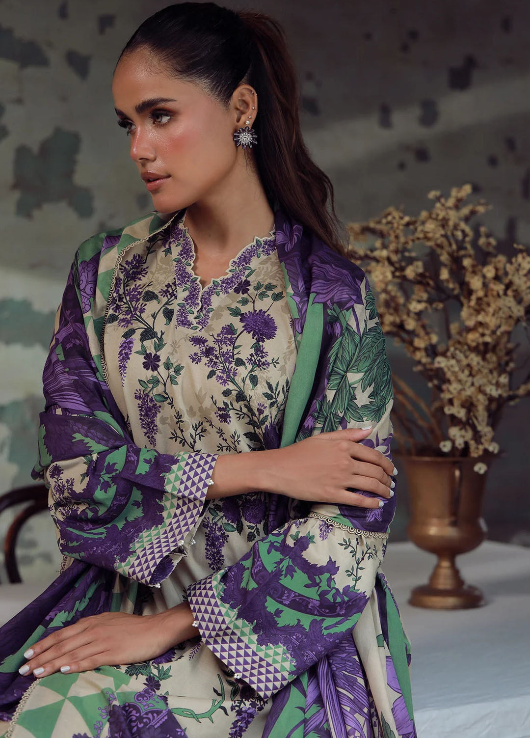 Elara by Sahar Embroidered Cambric Suits Unstitched 3 Piece SHR25EP Ivory Wisteria - Winter Collection