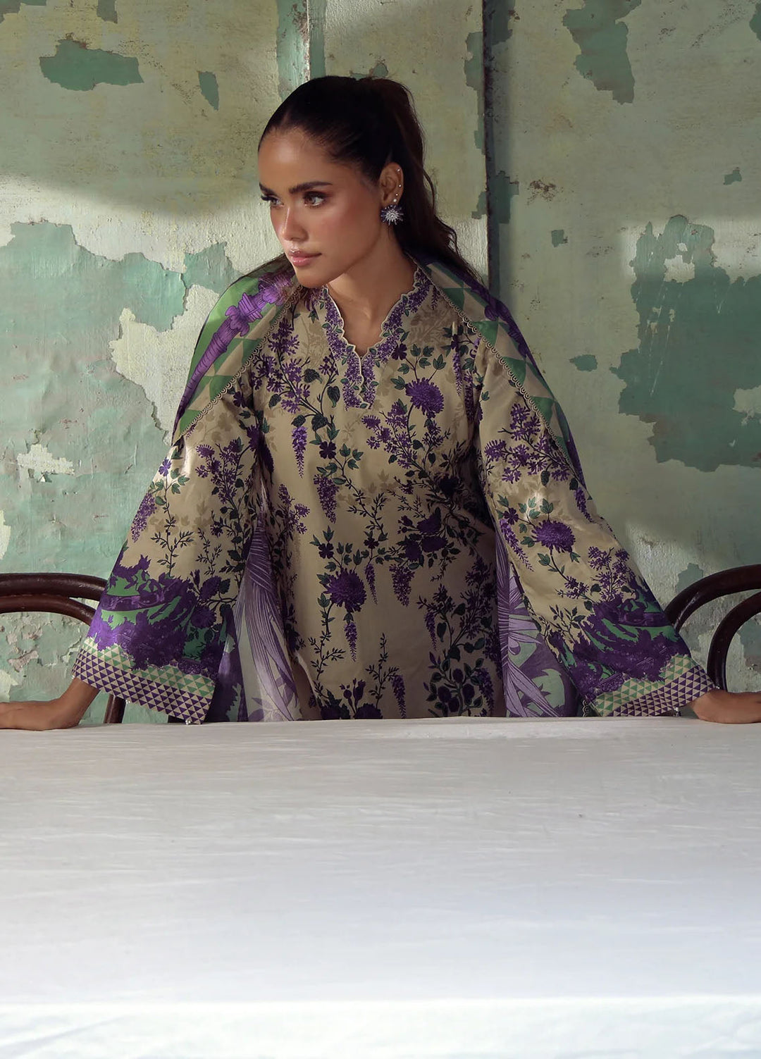 Elara by Sahar Unstitched Printed 3 Piece Cambric SHR25EP Ivory Wisteria - Casual Collection