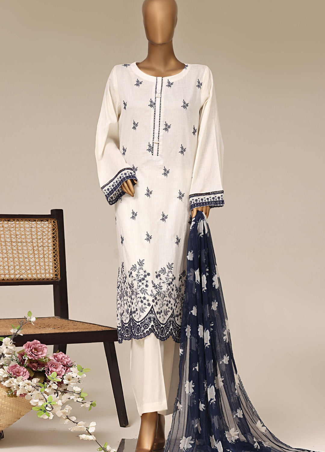 HZ Textiles RTW Chikankari Lawn 3 Piece Suit HZ26PCL IVORY SBE-3P-071 - Casual Collection
