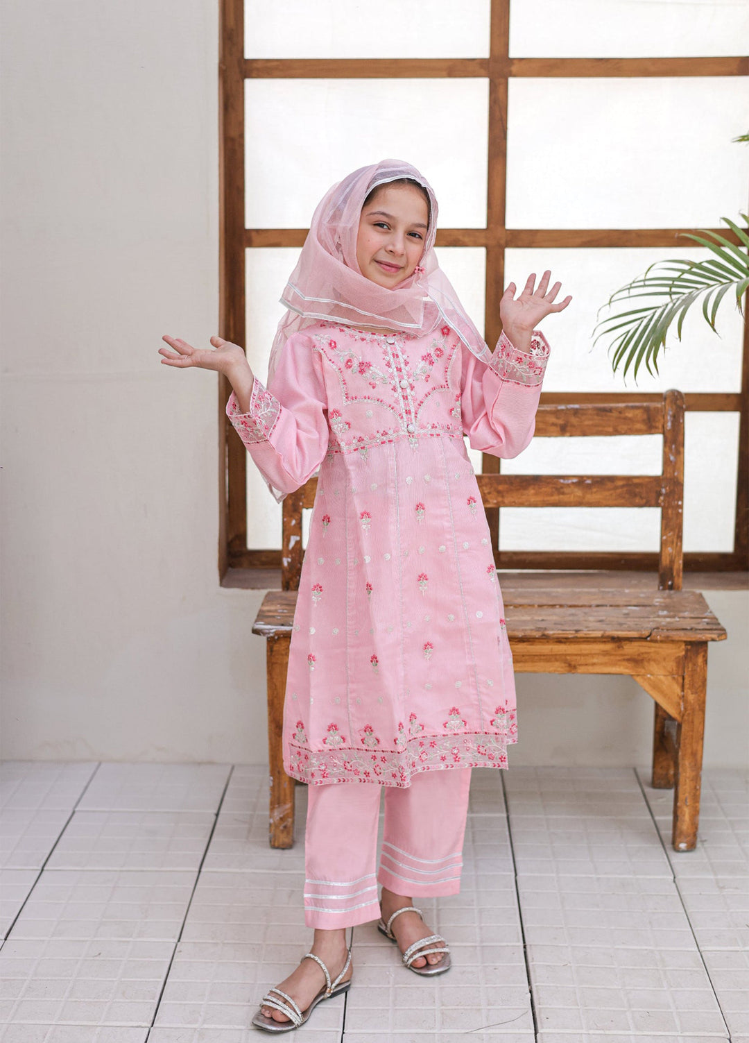 Saheli by Suntex Fabrics Girls RTW Embroidered Organza 3 Piece Suit Frock Pink Festive Collection