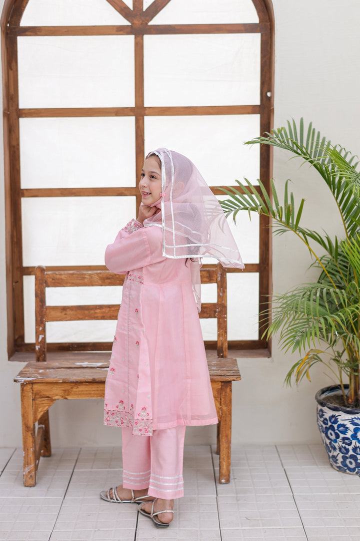 Saheli by Suntex Fabrics Girls RTW Embroidered Organza 3 Piece Suit Frock Pink Festive Collection