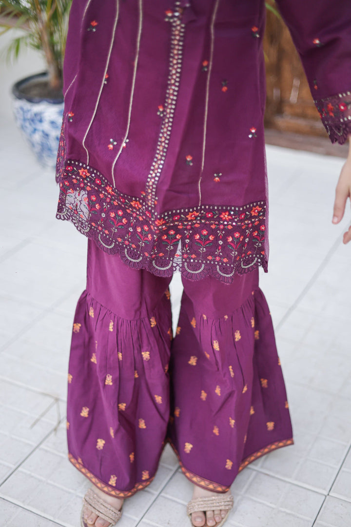 Saheli by Suntex Fabrics Girls RTW Embroidered Organza 3 Piece Suit Frock Purple Festive Collection