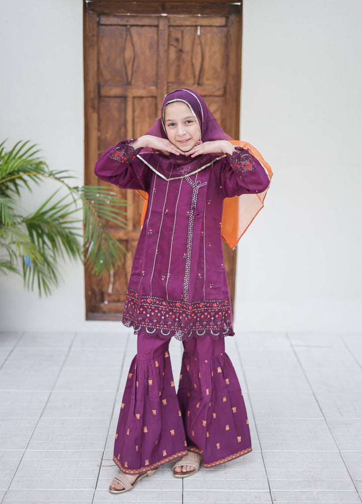 Saheli by Suntex Fabrics Girls RTW Embroidered Organza 3 Piece Suit Frock Purple Festive Collection