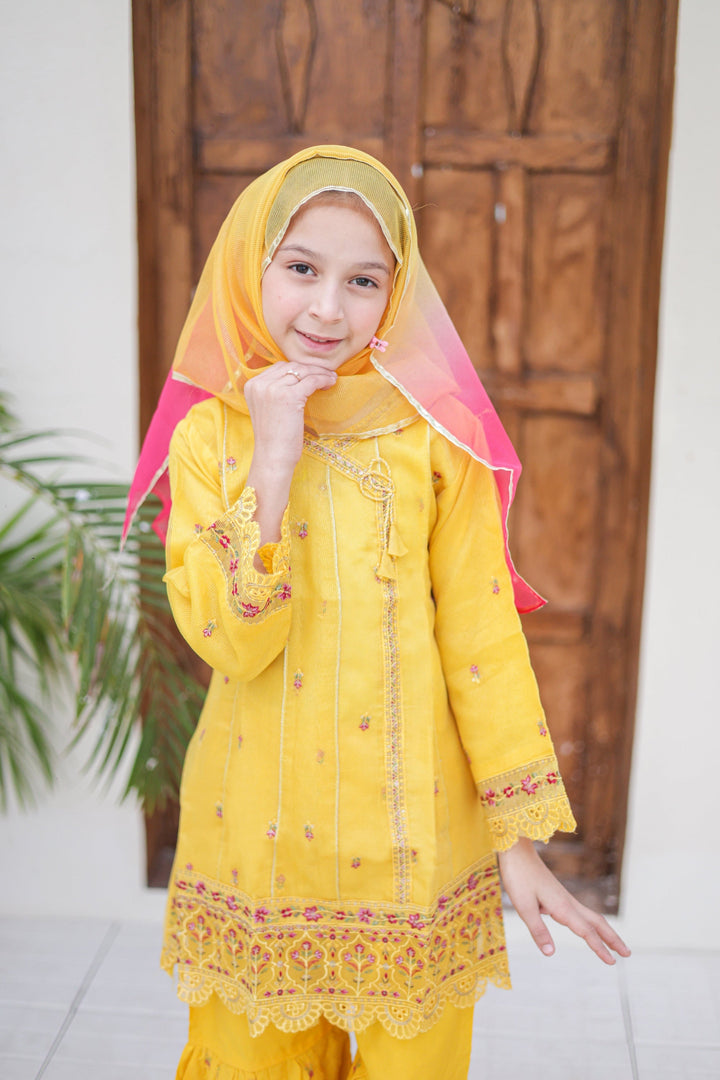 Saheli by Suntex Fabrics Girls RTW Embroidered Organza 3 Piece Suit Frock Yellow Festive Collection