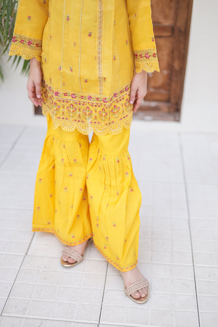 Saheli by Suntex Fabrics Girls RTW Embroidered Organza 3 Piece Suit Frock Yellow Festive Collection