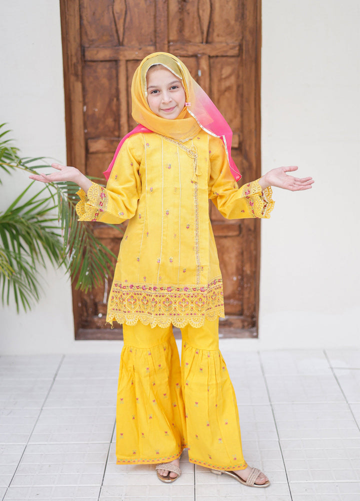 Saheli by Suntex Fabrics Girls RTW Embroidered Organza 3 Piece Suit Frock Yellow Festive Collection