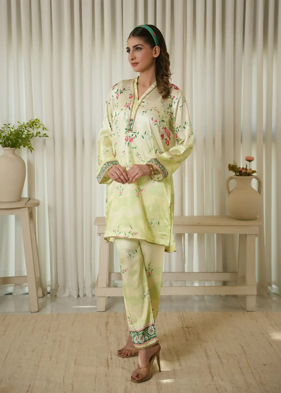 Karashe Women Pret Printed Shamooz Co-Ord Sets Lime Zest - Summer Collection