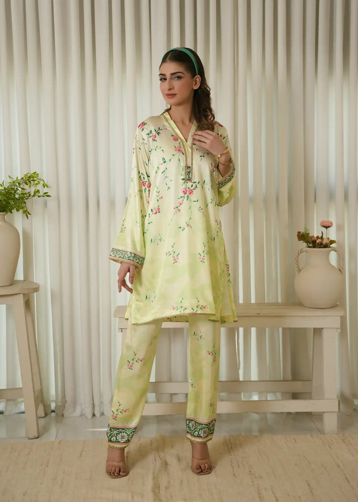 Karashe Women Pret Printed Shamooz Co-Ord Sets Lime Zest - Summer Collection
