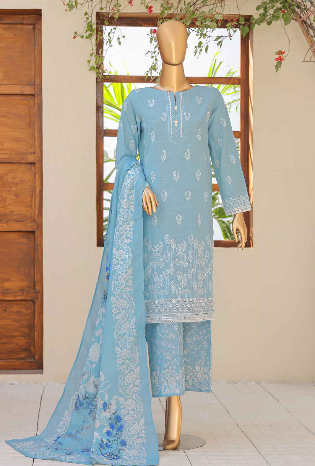 Hz Textiles Unstitched Khaddar Embroidered Suit With Pashmina Shawl 3 Piece KCP-05 - Winter Collection