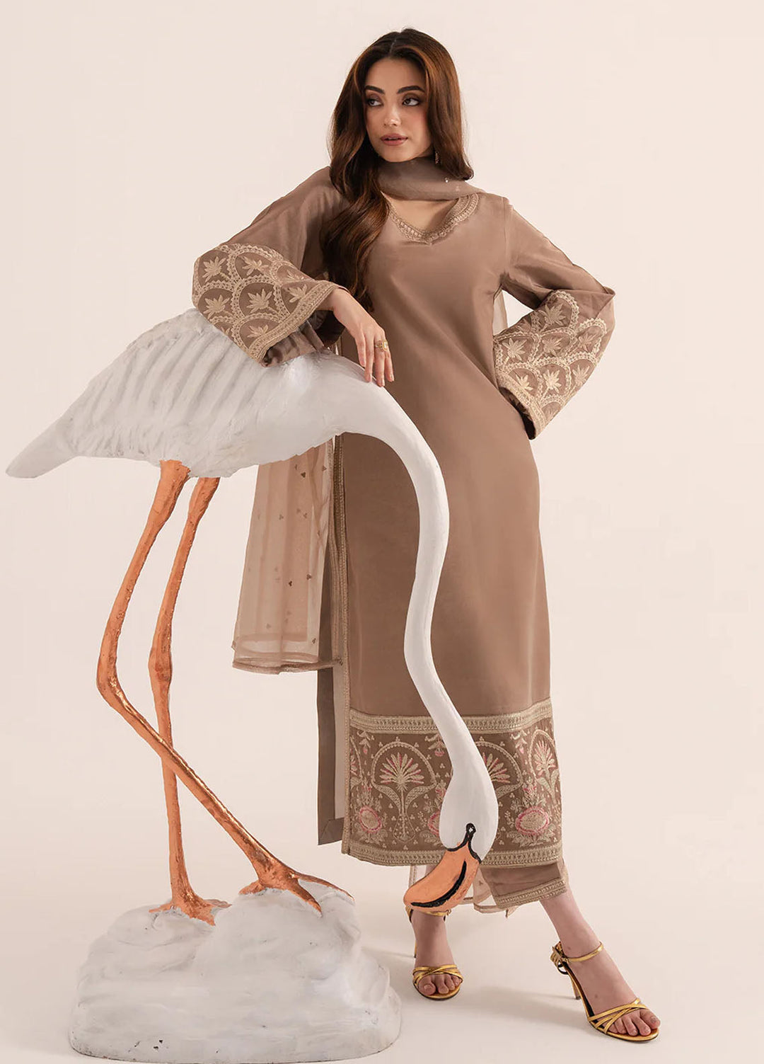 Izel Pret Embroidered Raw Silk 3 Piece Suit Khaki