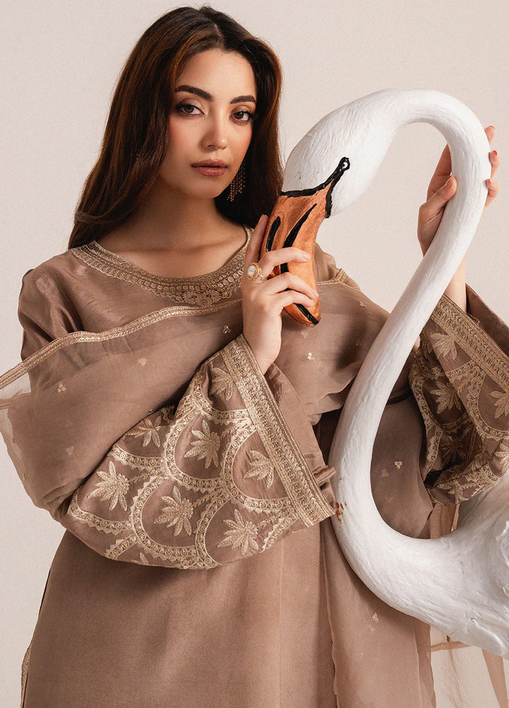 Izel Pret Embroidered Raw Silk 3 Piece Suit Khaki