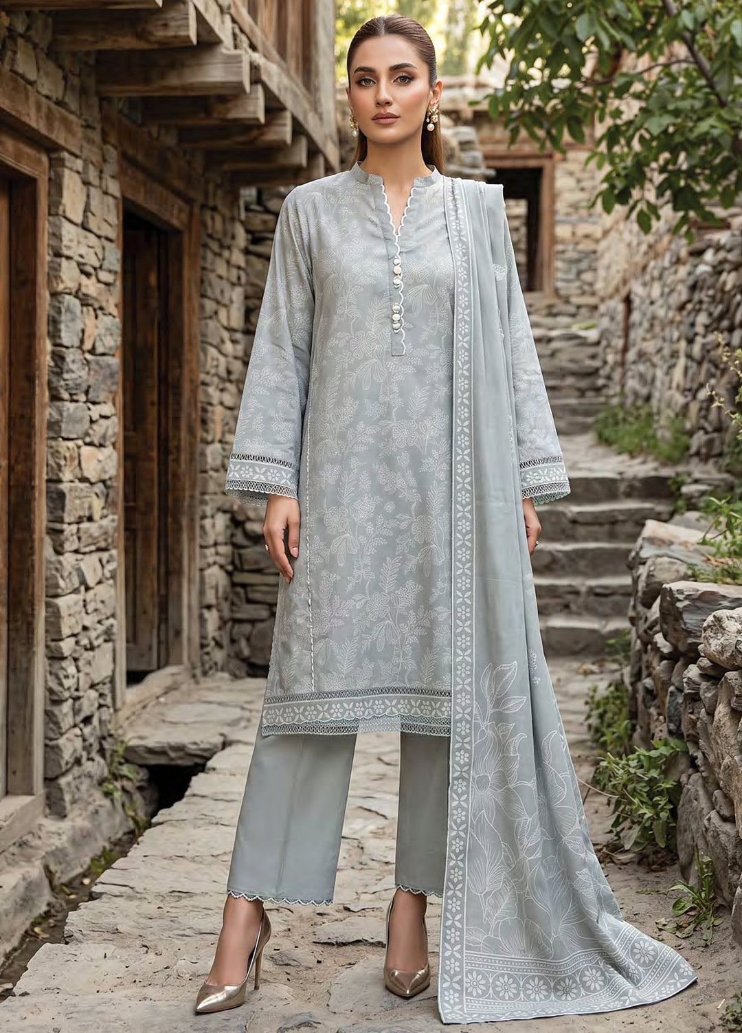 Lakhany Unstitched Printed Pashmina 3 Piece Suit LSM26UP LG-IZ-0834-A - Casual Collection