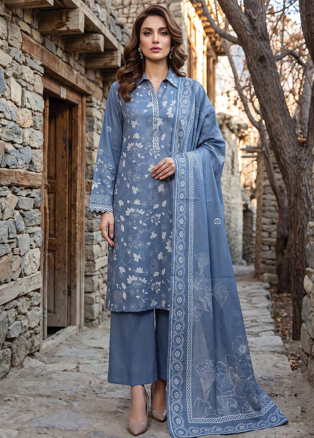 Lakhany Unstitched Printed Pashmina 3 Piece Suit LSM26UP LG-SG-0163-B - Casual Collection