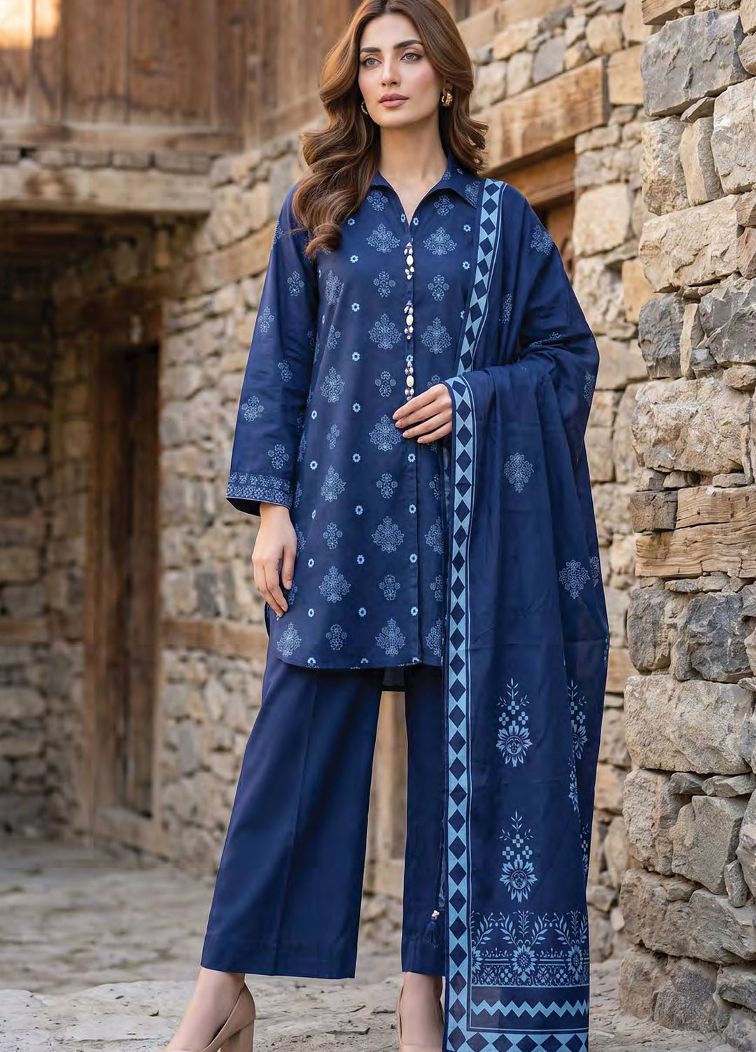 Lakhany Unstitched Printed Pashmina 3 Piece Suit LSM26UP LG-SG-0164-B - Casual Collection