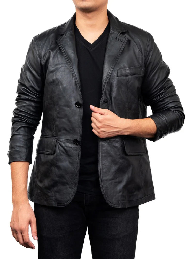 Jild Leathers 2-Button Men Lambskin Leather Blazer-Black - Blazers And Coats Collection