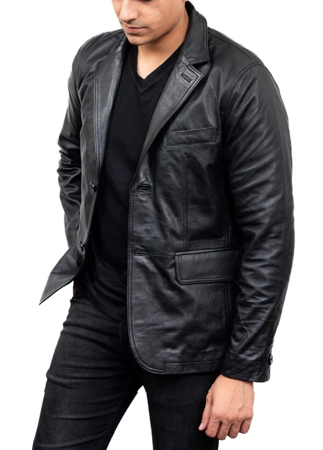Jild Leathers 2-Button Men Lambskin Leather Blazer-Black - Blazers And Coats Collection