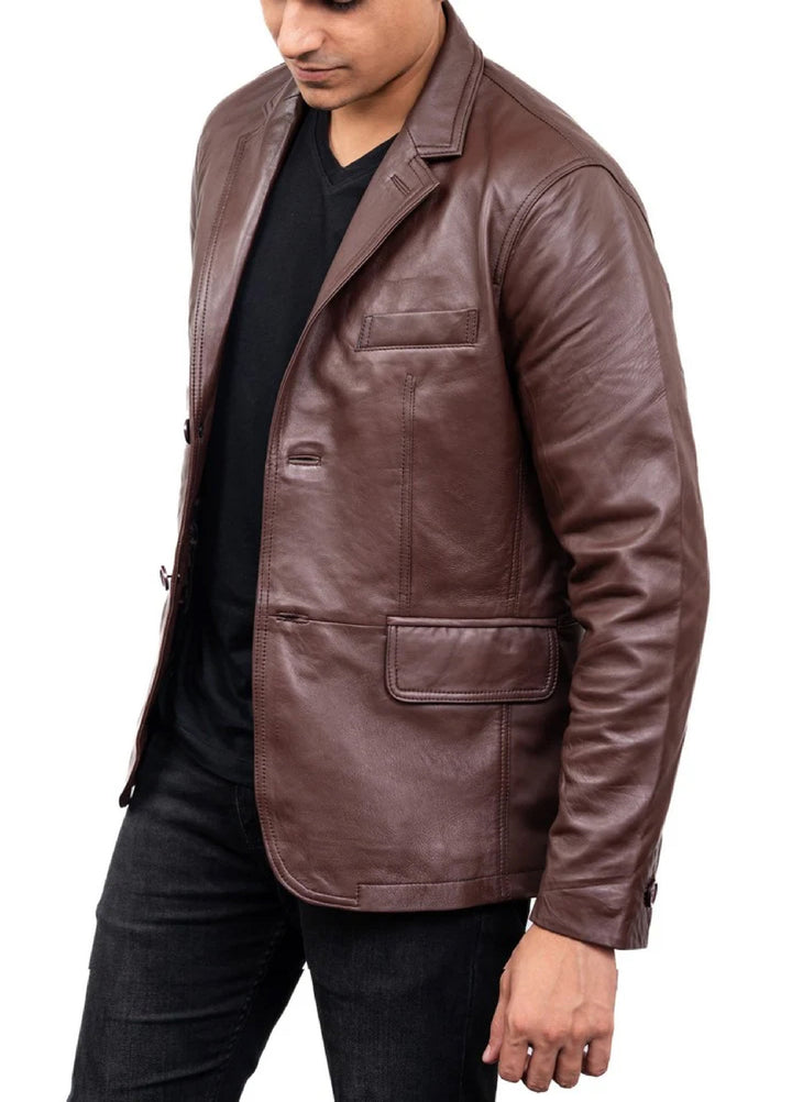 Jild Leathers 2-Button Men Lambskin Leather Blazer-Brown - Blazers And Coats Collection