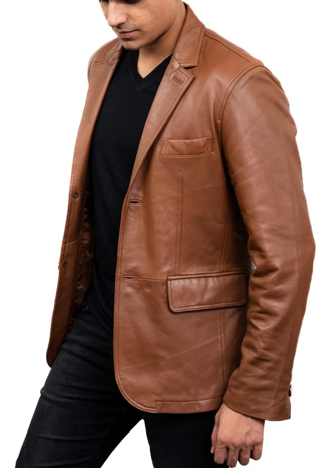 Jild Leathers 2-Button Men Lambskin Leather Blazer-Cognac - Blazers And Coats Collection