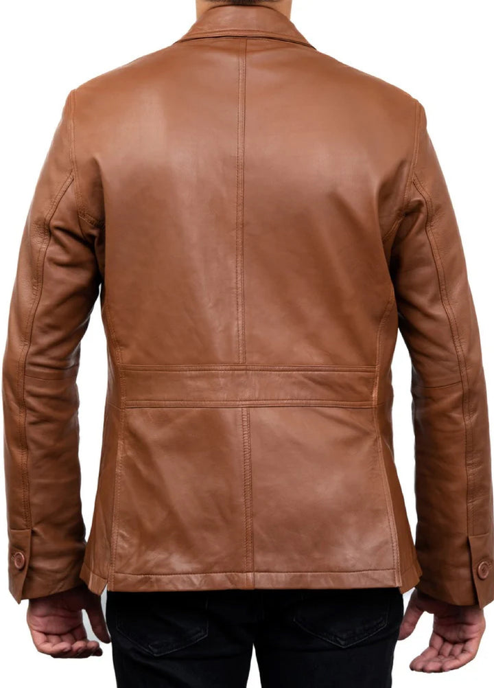Jild Leathers 2-Button Men Lambskin Leather Blazer-Cognac - Blazers And Coats Collection