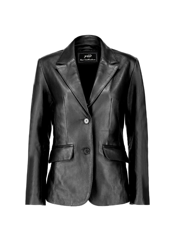Jild Leathers Classic 2-Button Lambskin Leather Blazer Women-Black - Blazers And Coats Collection