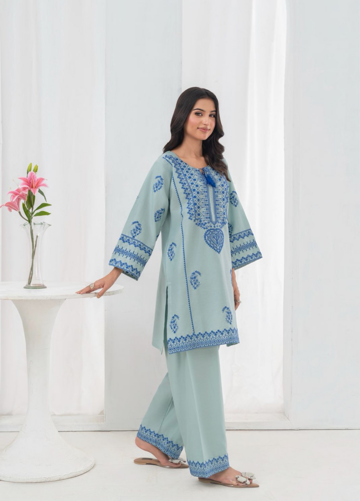 Lamhay by Haniya Mahnoor Pret Embroidered Cotton 2 Piece Suit Cool Ice