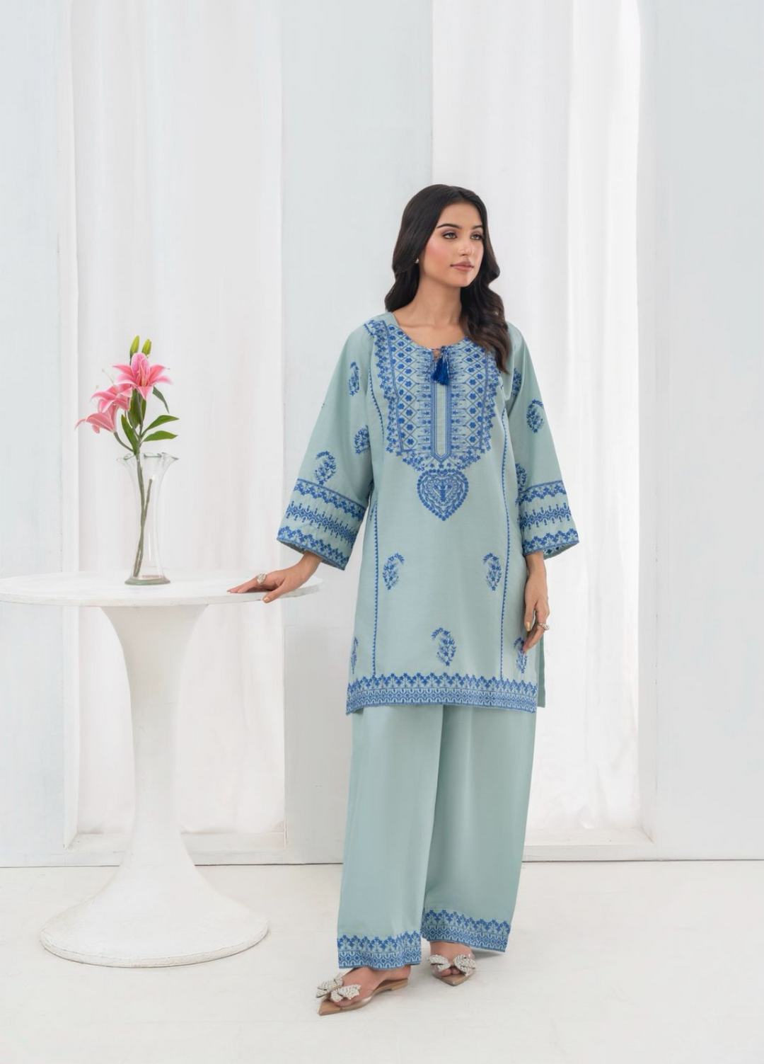 Lamhay by Haniya Mahnoor Pret Embroidered Cotton 2 Piece Suit Cool Ice