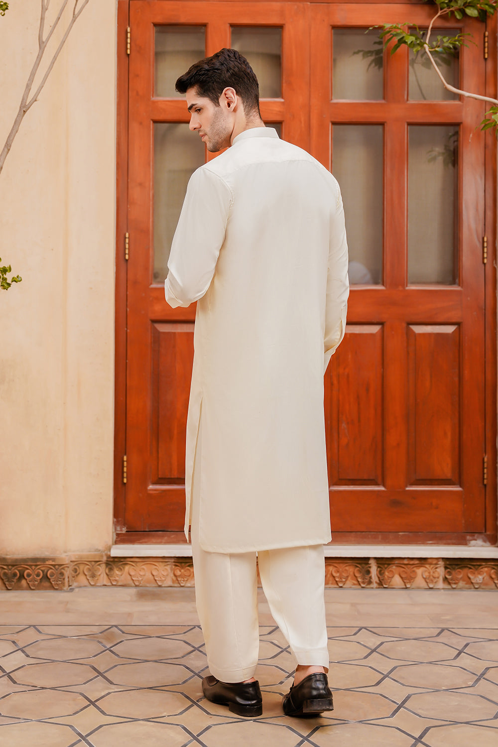 Divinely Crafted Men Ready To Wear Solids Cotton Shalwar Kameez Eggshell White Boski - Summer Collection