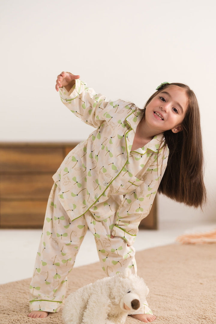 Baby Nest Kids Premium Night Suits For Girls Printed 2 Piece Boski Linen Leafy Dawn - Casual Collection